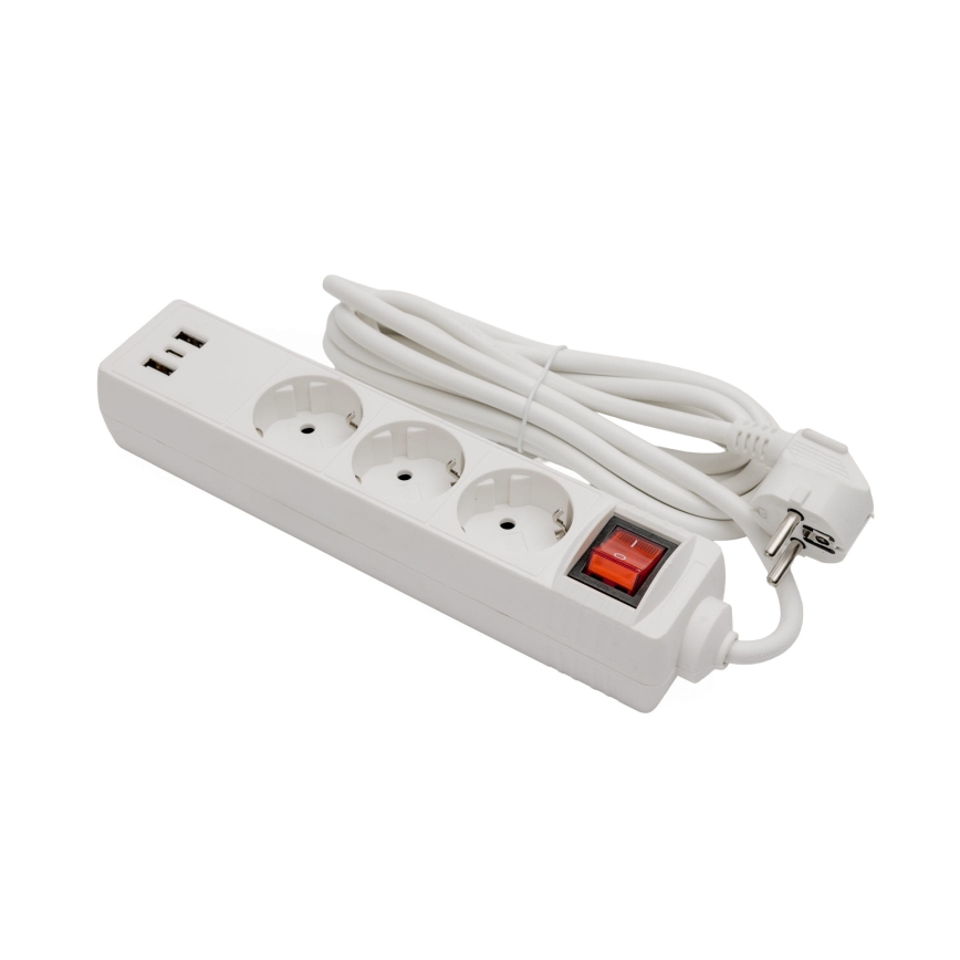 Ilgintuvas su jungikliu, 3 lizdai + 2x USB-A + 1x USB-C, 3 m, SCHUKO, baltas