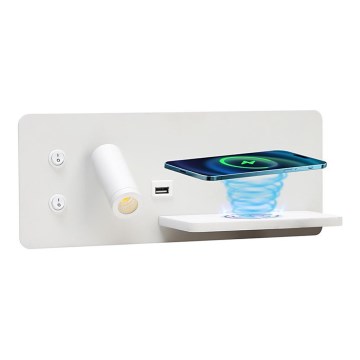 Immax 08285L - LED Sieninis prožektorius su lentyna, USB prievadu ir belaidžiu įkrovimu Be PREPARE LED/3W/230V + LED/3W balta