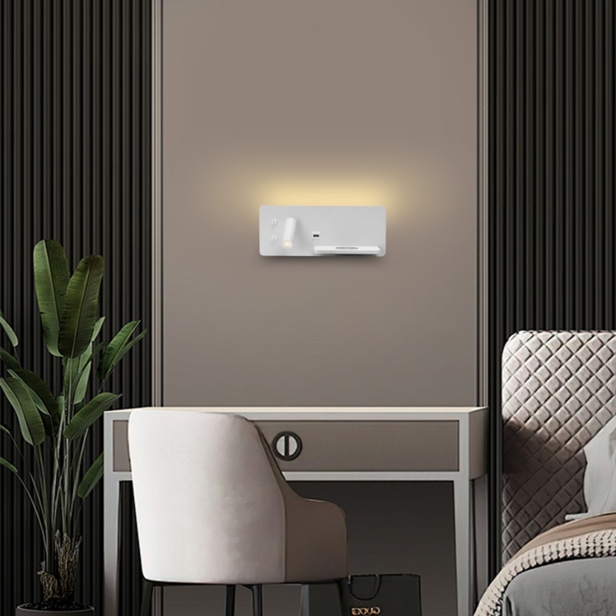 Immax 08285L - LED Sieninis prožektorius su lentyna, USB prievadu ir belaidžiu įkrovimu Be PREPARE LED/3W/230V + LED/3W balta