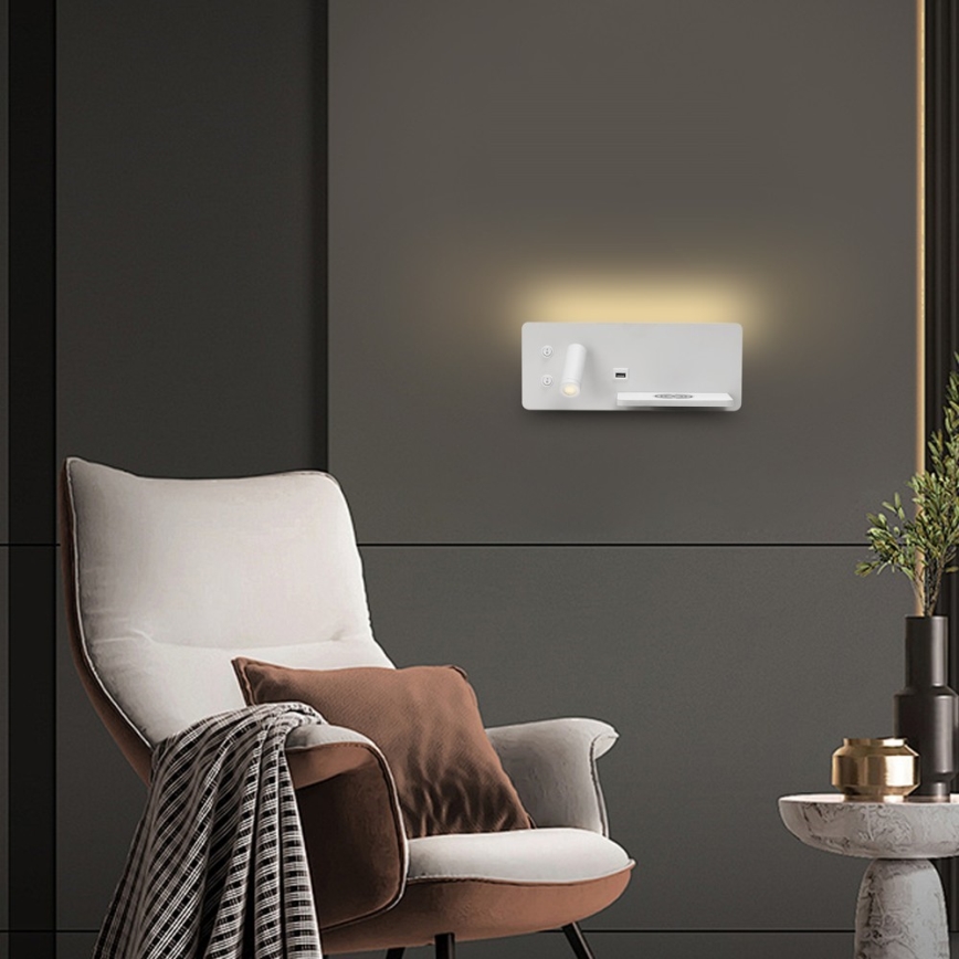 Immax 08285L - LED Sieninis prožektorius su lentyna, USB prievadu ir belaidžiu įkrovimu Be PREPARE LED/3W/230V + LED/3W balta