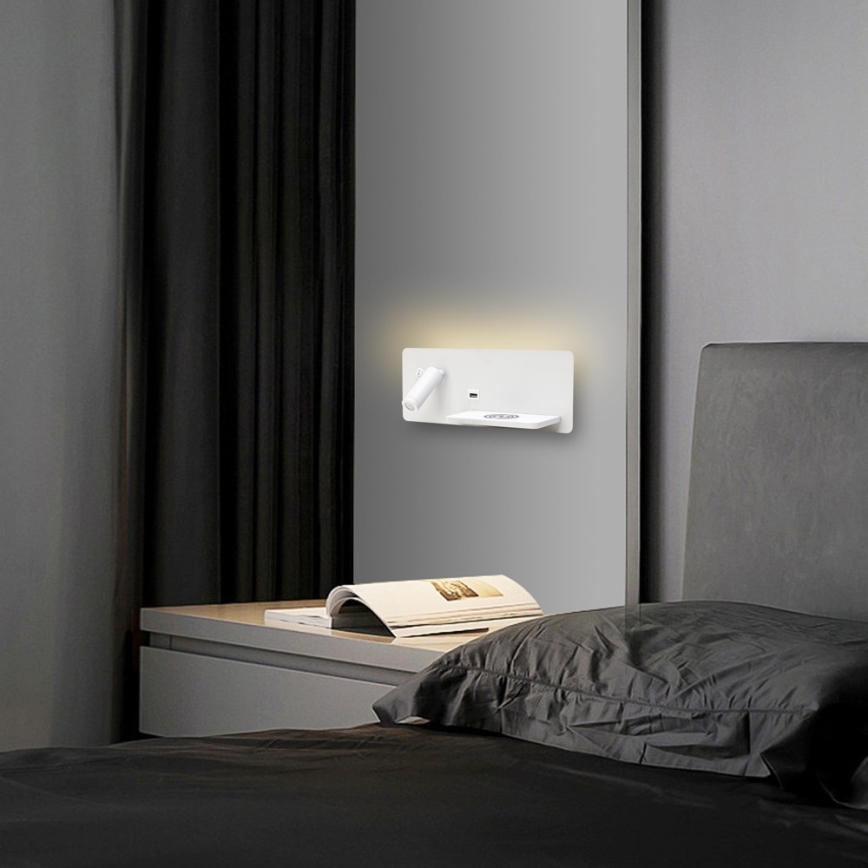 Immax 08285L - LED Sieninis prožektorius su lentyna, USB prievadu ir belaidžiu įkrovimu Be PREPARE LED/3W/230V + LED/3W balta