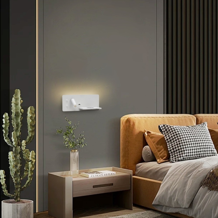 Immax 08285L - LED Sieninis prožektorius su lentyna, USB prievadu ir belaidžiu įkrovimu Be PREPARE LED/3W/230V + LED/3W balta