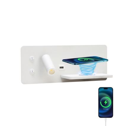 Immax 08285L - LED Sieninis prožektorius su lentyna, USB prievadu ir belaidžiu įkrovimu Be PREPARE LED/3W/230V + LED/3W balta