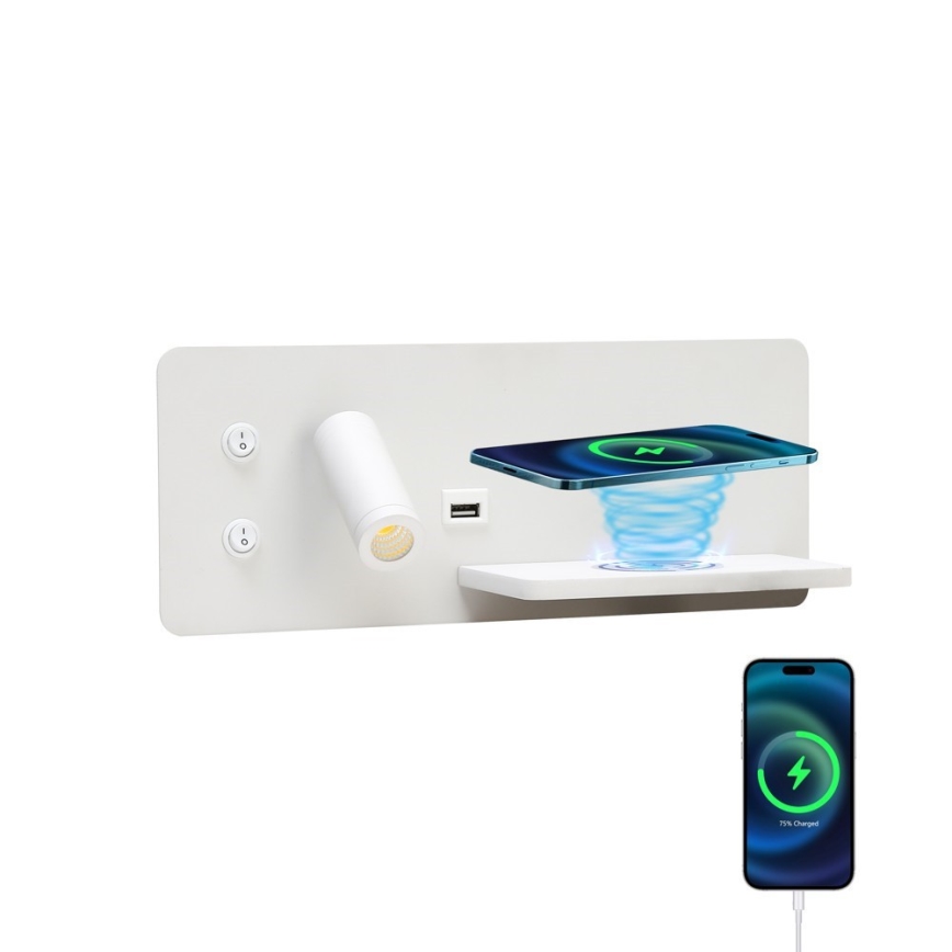 Immax 08285L - LED Sieninis prožektorius su lentyna, USB prievadu ir belaidžiu įkrovimu Be PREPARE LED/3W/230V + LED/3W balta