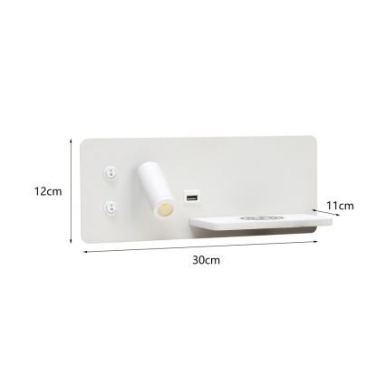 Immax 08285L - LED Sieninis prožektorius su lentyna, USB prievadu ir belaidžiu įkrovimu Be PREPARE LED/3W/230V + LED/3W balta
