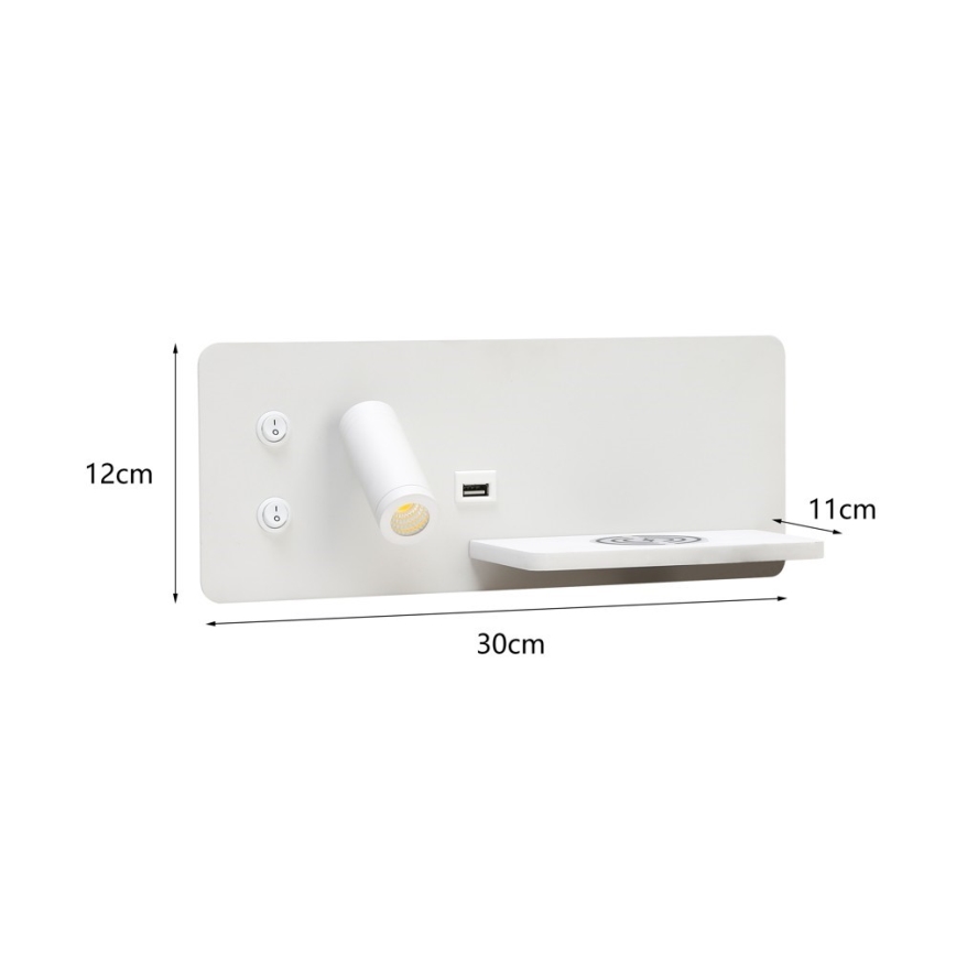 Immax 08285L - LED Sieninis prožektorius su lentyna, USB prievadu ir belaidžiu įkrovimu Be PREPARE LED/3W/230V + LED/3W balta