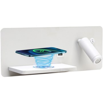 Immax 08286L - LED Sieninis prožektorius su lentyna, USB prievadu ir belaidžiu įkrovimu Be PREPARE LED/3W/230V + LED/3W balta