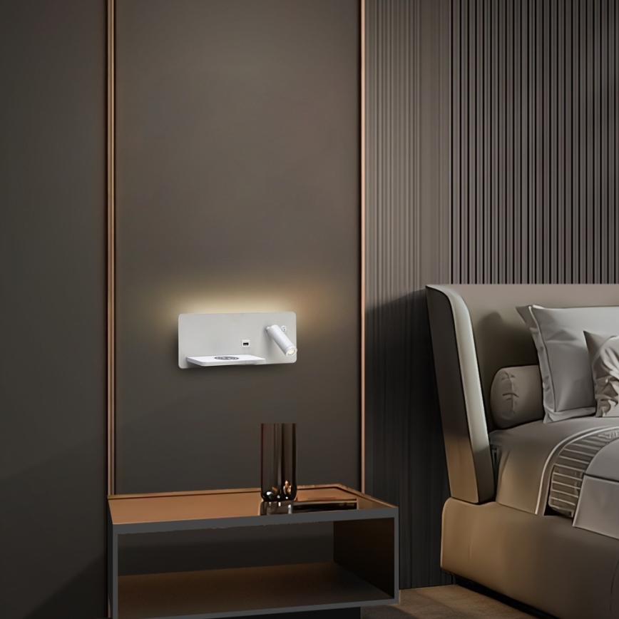 Immax 08286L - LED Sieninis prožektorius su lentyna, USB prievadu ir belaidžiu įkrovimu Be PREPARE LED/3W/230V + LED/3W balta