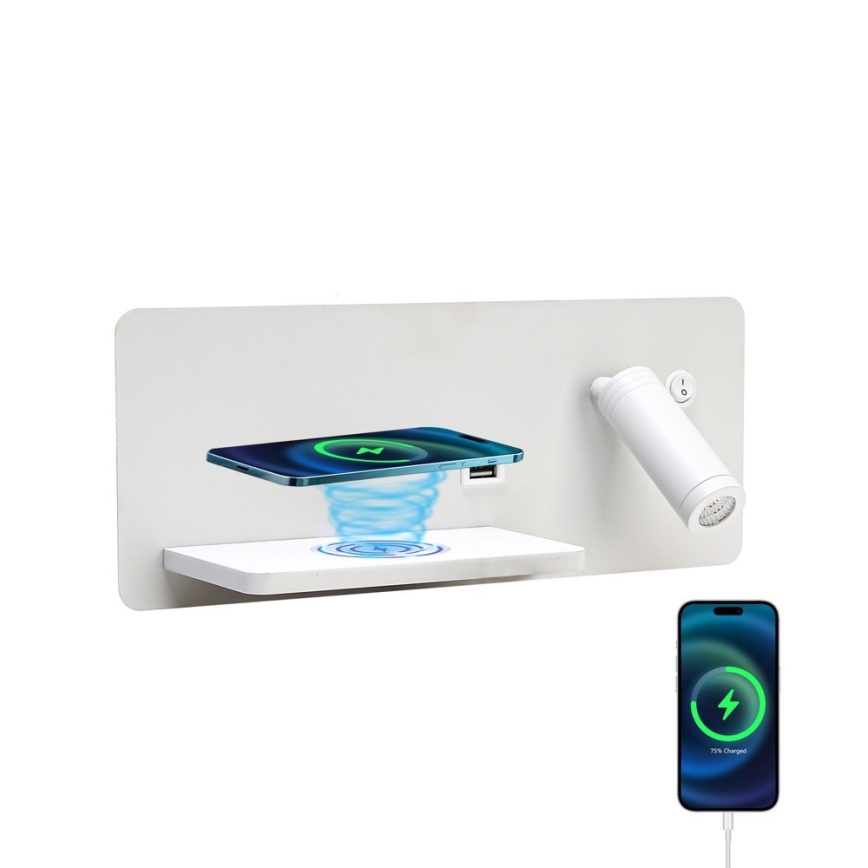 Immax 08286L - LED Sieninis prožektorius su lentyna, USB prievadu ir belaidžiu įkrovimu Be PREPARE LED/3W/230V + LED/3W balta