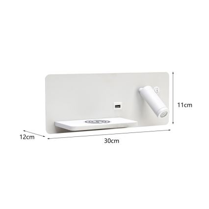 Immax 08286L - LED Sieninis prožektorius su lentyna, USB prievadu ir belaidžiu įkrovimu Be PREPARE LED/3W/230V + LED/3W balta