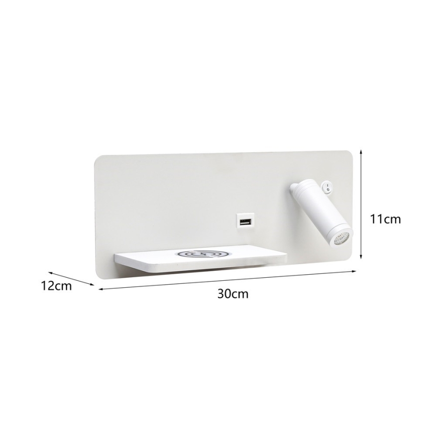 Immax 08286L - LED Sieninis prožektorius su lentyna, USB prievadu ir belaidžiu įkrovimu Be PREPARE LED/3W/230V + LED/3W balta