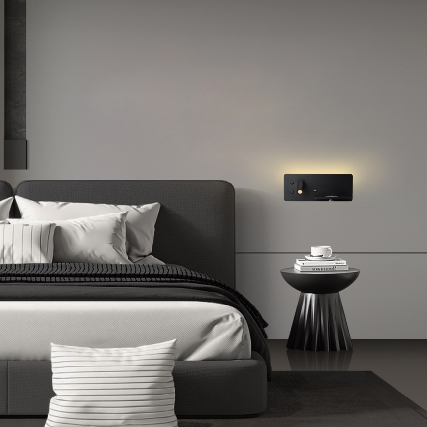 Immax 08287L - LED Sieninis prožektorius su lentyna, USB prievadu ir belaidžiu įkrovimu Be PREPARE LED/3W/230V + LED/3W juoda
