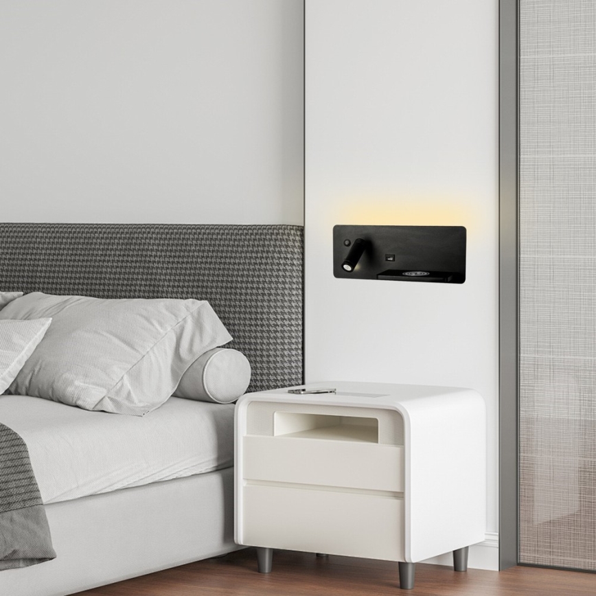 Immax 08287L - LED Sieninis prožektorius su lentyna, USB prievadu ir belaidžiu įkrovimu Be PREPARE LED/3W/230V + LED/3W juoda