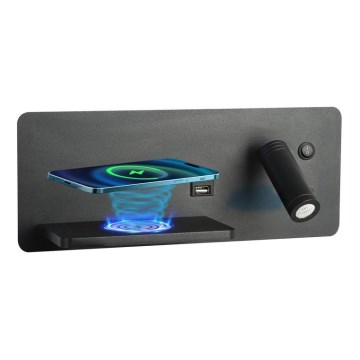 Immax 08288L - LED Sieninis prožektorius su lentyna, USB prievadu ir belaidžiu įkrovimu Be PREPARE LED/3W/230V + LED/3W juoda
