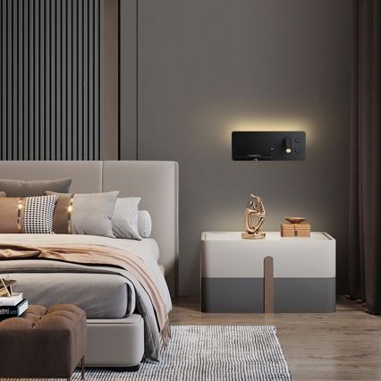 Immax 08288L - LED Sieninis prožektorius su lentyna, USB prievadu ir belaidžiu įkrovimu Be PREPARE LED/3W/230V + LED/3W juoda