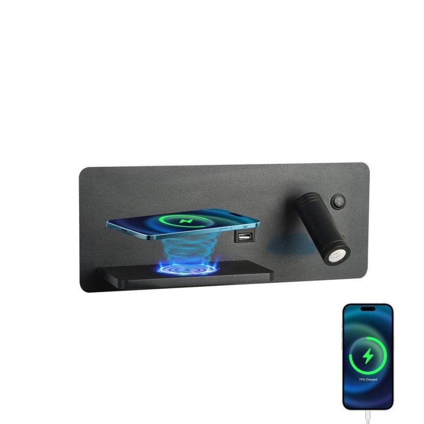 Immax 08288L - LED Sieninis prožektorius su lentyna, USB prievadu ir belaidžiu įkrovimu Be PREPARE LED/3W/230V + LED/3W juoda
