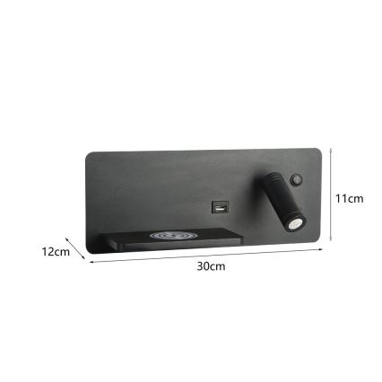 Immax 08288L - LED Sieninis prožektorius su lentyna, USB prievadu ir belaidžiu įkrovimu Be PREPARE LED/3W/230V + LED/3W juoda