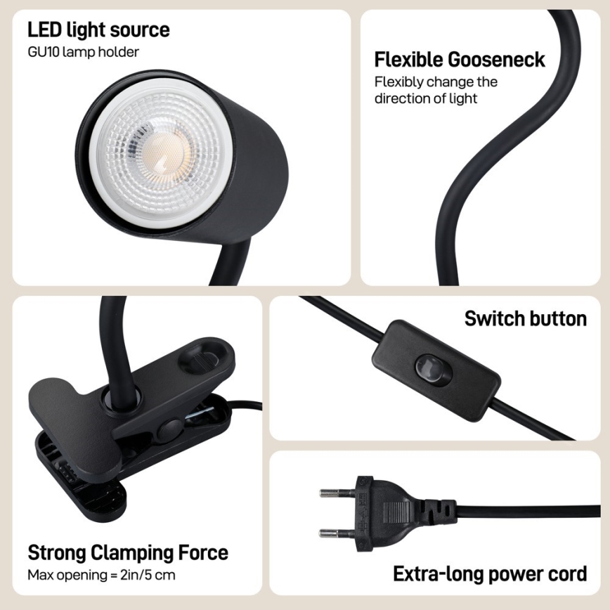 Lanksti lempa su spaustuku PUNTO 1xGU10/9W/230V juoda