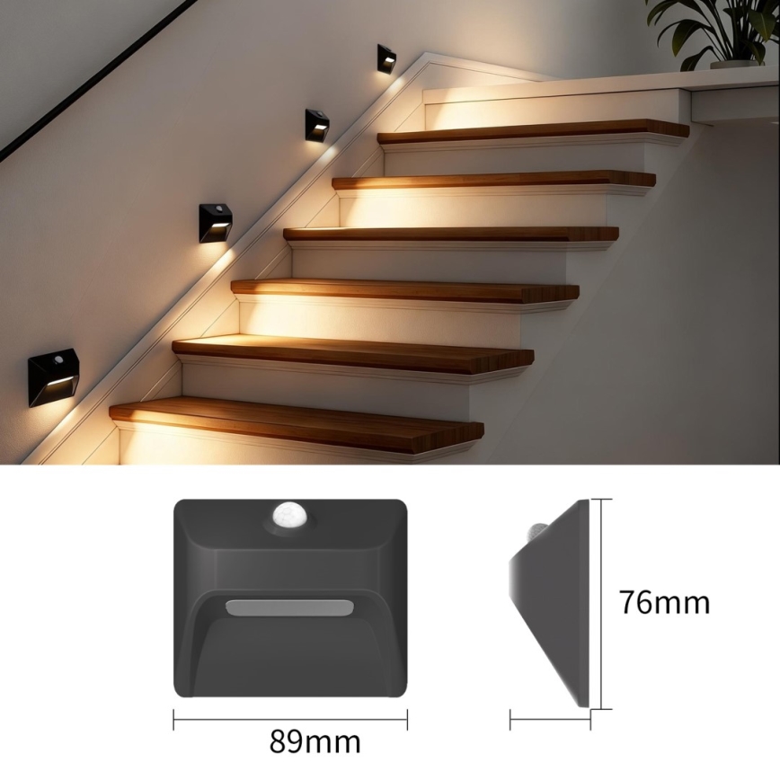 Immax 08307L - įkraunamas LED laiptų šviestuvas su judesio ir sutemų jutikliu STEP LIGHT LED/0,3W/3,7V 2200 mAh IP53 juodas