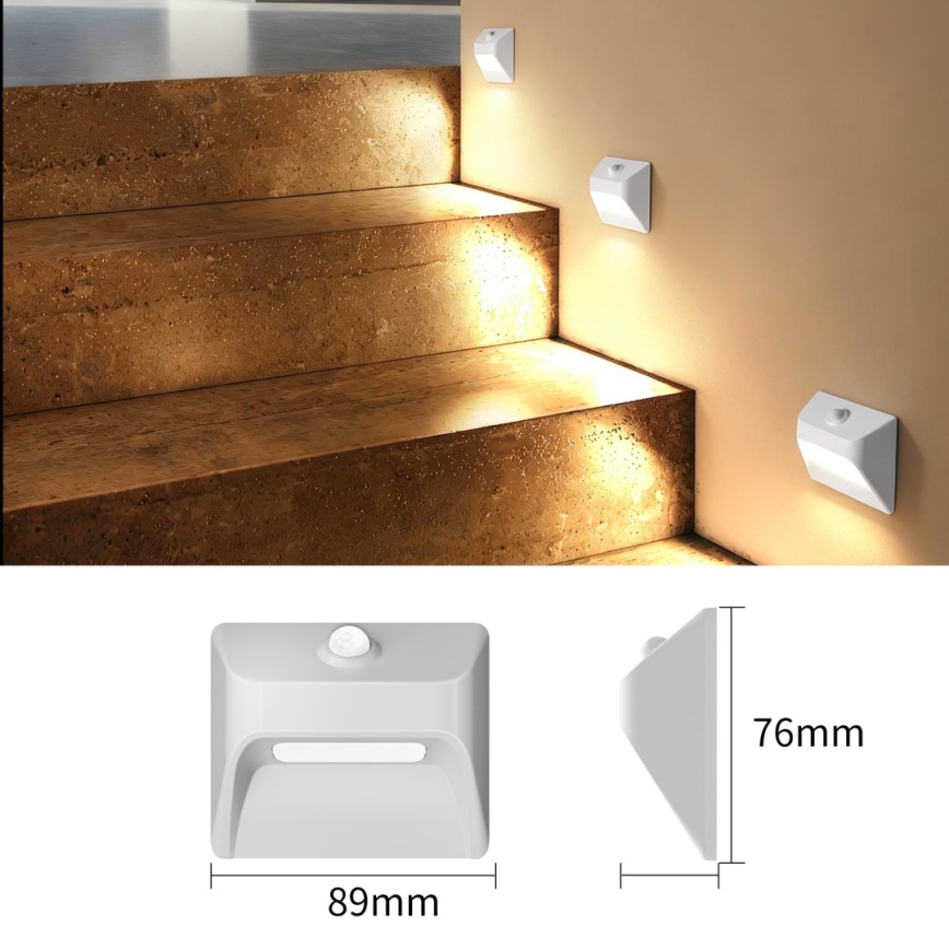 Immax 08308L - LED įkraunamas laiptų šviestuvas su jutikliu STEP LIGHT LED/0,3W/3,7V 2200 mAh IP53 baltas