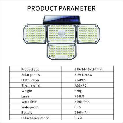 LED saulės energijos sieninis šviestuvas su jutikliu LED/5W/5,5V IP65