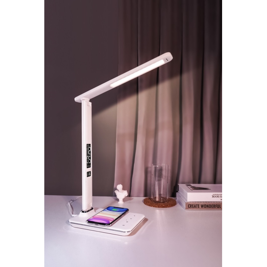LED Pritemdoma stalinė lempa su belaidžiu įkrovimu QI ir USB KINGFISHER LED/8,5W/230V balta
