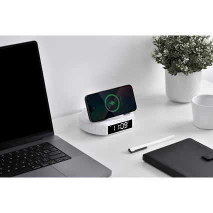 Žadintuvas su LCD ekranu ir bevielis Qi įkroviklis 27W/9V 220 mAh balta