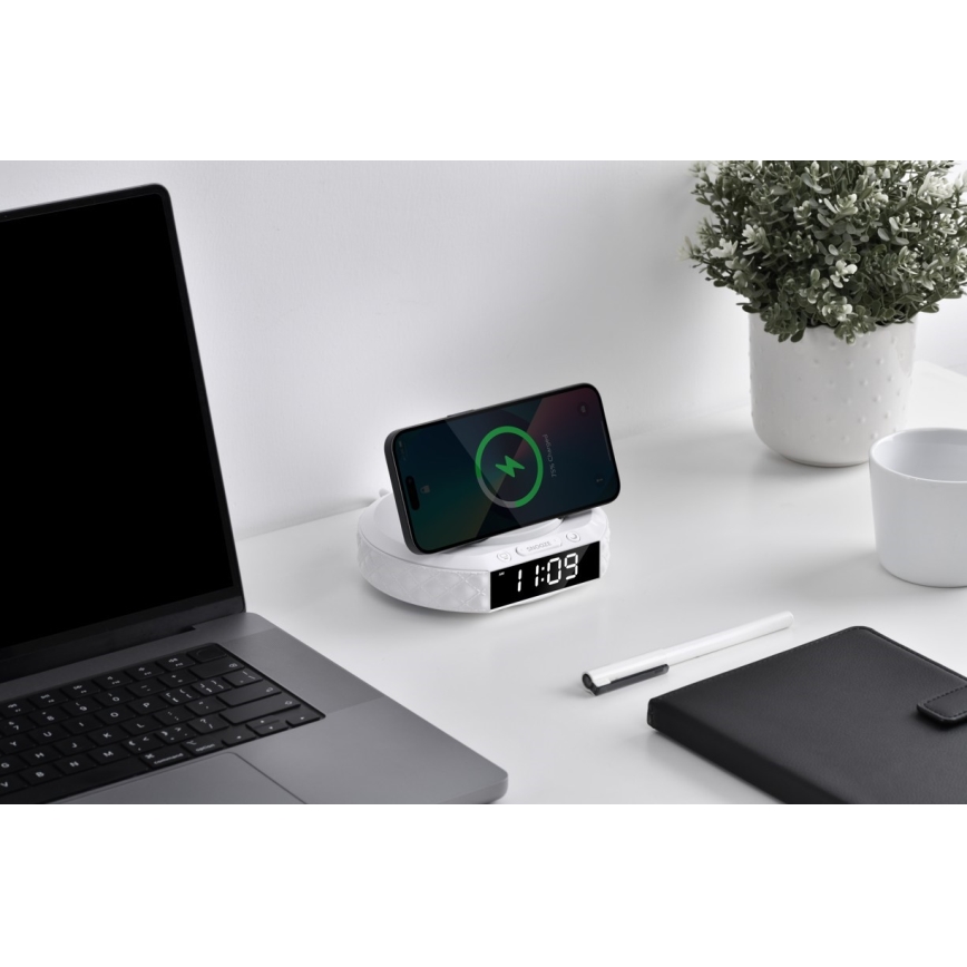 Žadintuvas su LCD ekranu ir bevielis Qi įkroviklis 27W/9V 220 mAh balta