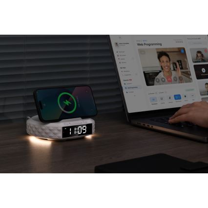 Žadintuvas su LCD ekranu ir bevielis Qi įkroviklis 27W/9V 220 mAh balta