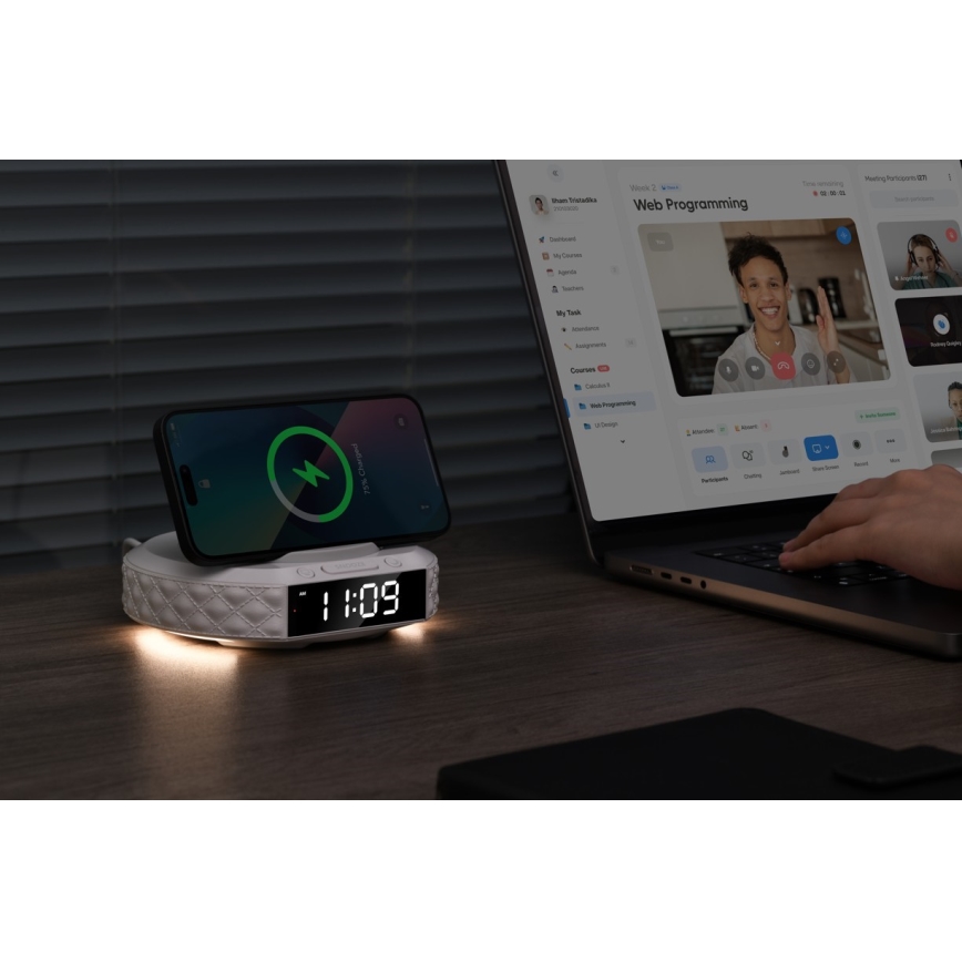 Žadintuvas su LCD ekranu ir bevielis Qi įkroviklis 27W/9V 220 mAh balta