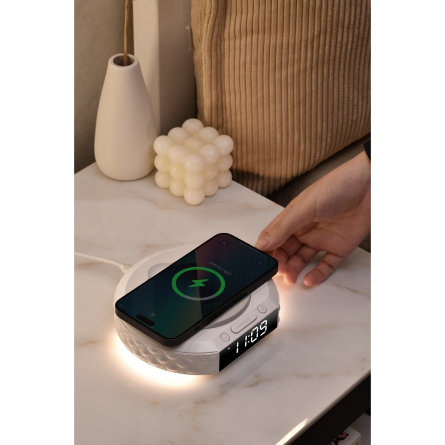 Žadintuvas su LCD ekranu ir bevielis Qi įkroviklis 27W/9V 220 mAh balta