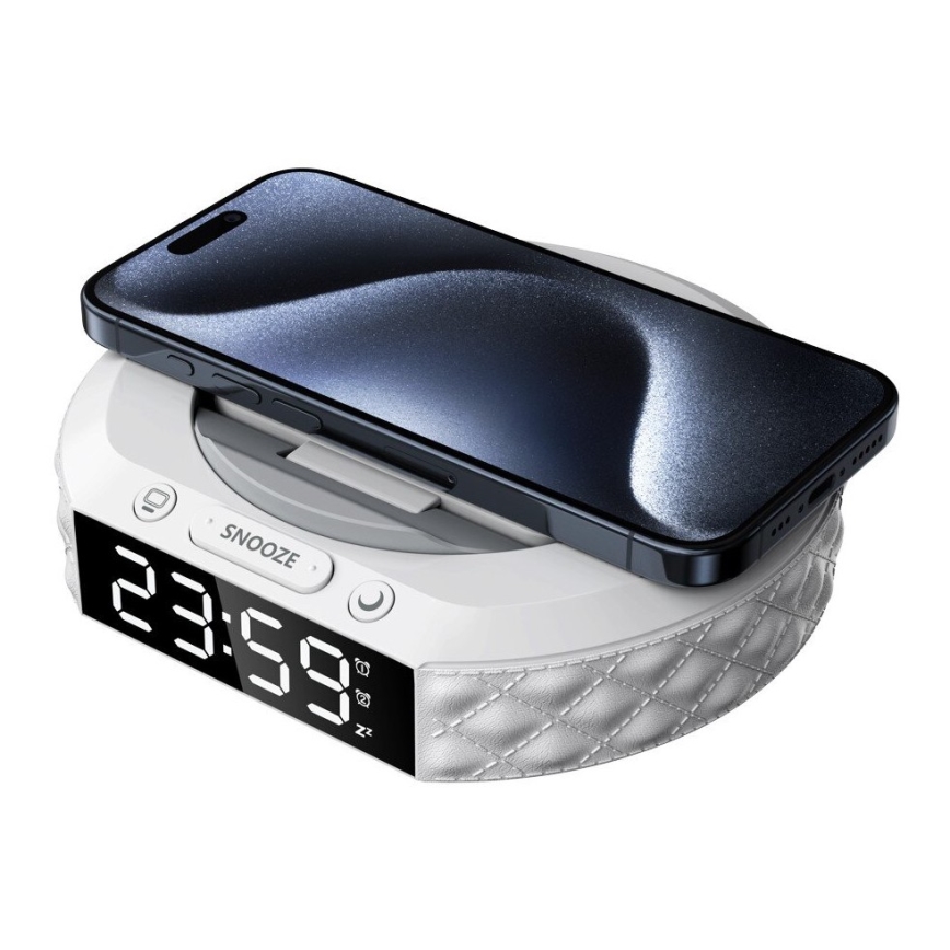 Žadintuvas su LCD ekranu ir bevielis Qi įkroviklis 27W/9V 220 mAh balta