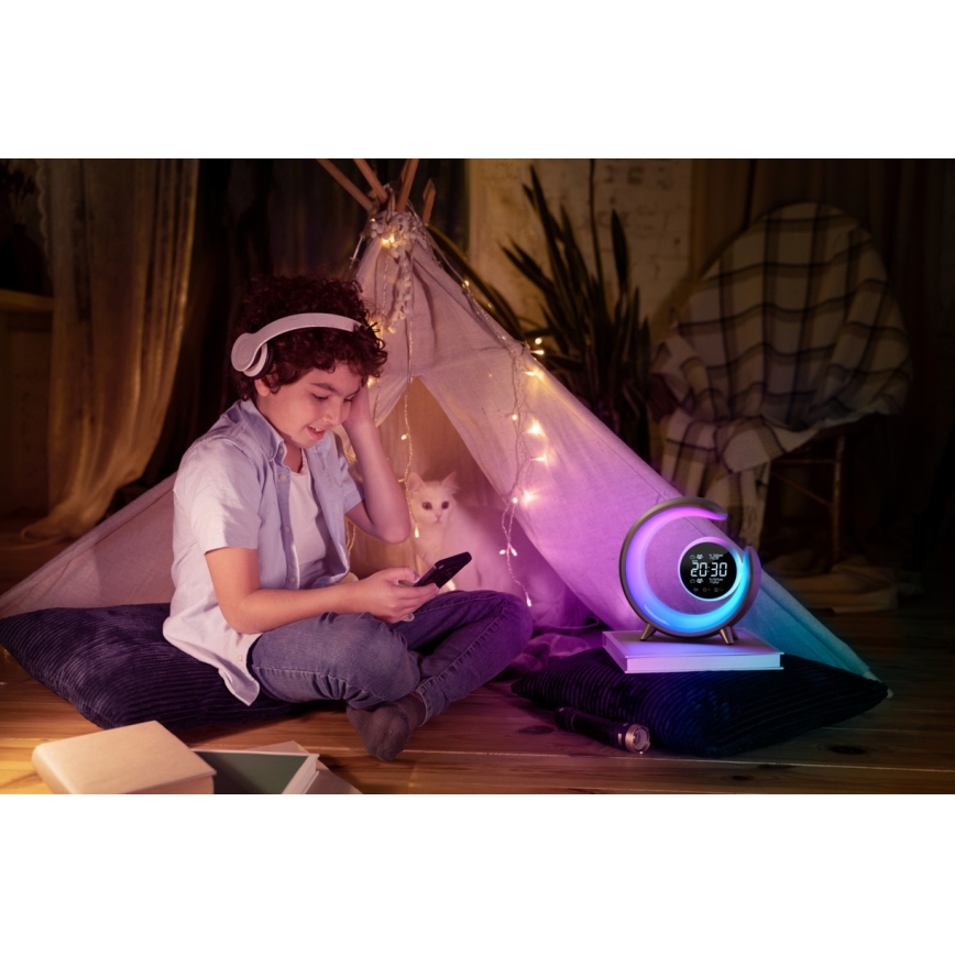 LED RGBW Pritemdoma stalinė lempa su žadintuvu LED/20W/5V USB sidabras