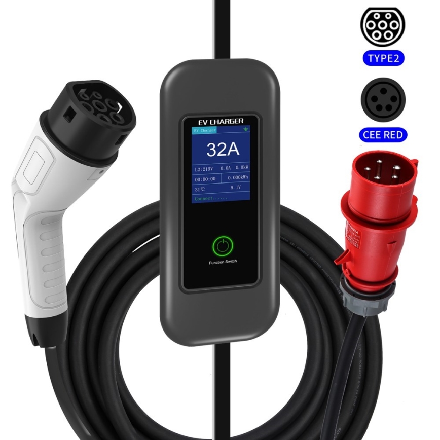 Immax – Kelioninė EV įkrovimo stotelė elektromobiliams AC Type 2 32A/380V 22kW + 230V kištukas 5 m Wi-Fi Tuya