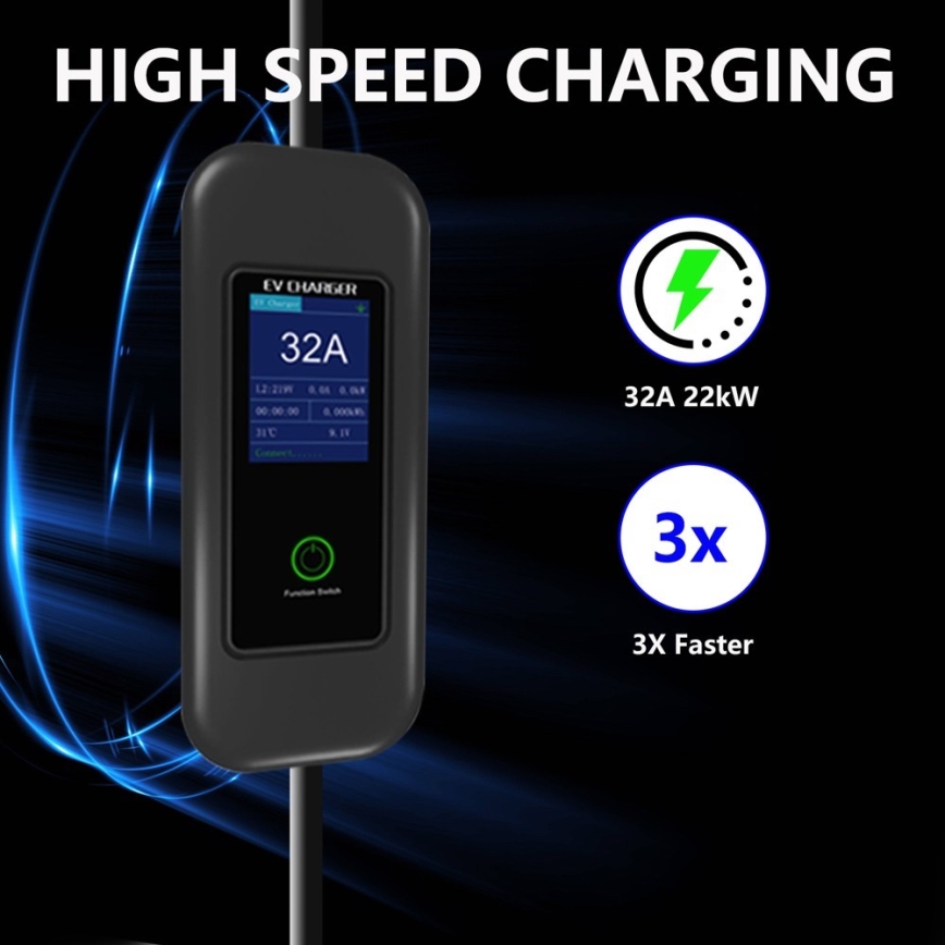 Immax - Kelioninė elektromobilių įkrovimo stotelė elektromobiliams AC Type 2 32A/380V 22kW + kištukas 230V 5m Wi-Fi Tuya