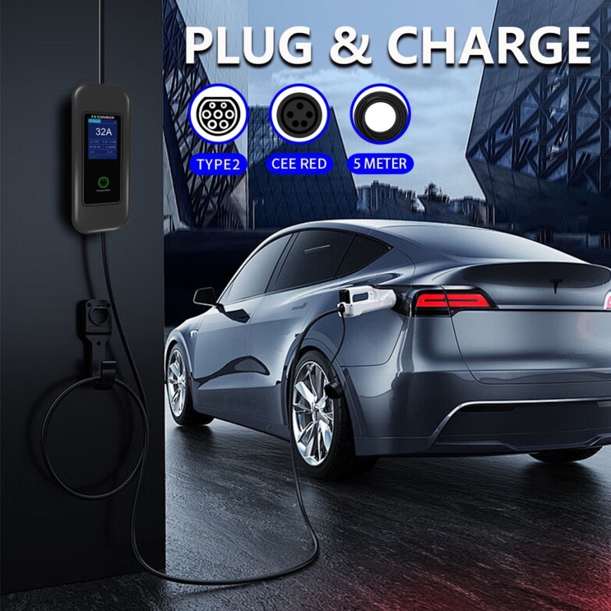Immax - Kelioninė elektromobilių įkrovimo stotelė elektromobiliams AC Type 2 32A/380V 22kW + kištukas 230V 5m Wi-Fi Tuya