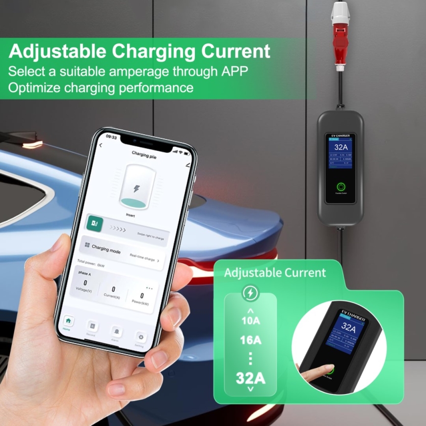 Immax - Kelioninė elektromobilių įkrovimo stotelė elektromobiliams AC Type 2 32A/380V 22kW + kištukas 230V 5m Wi-Fi Tuya