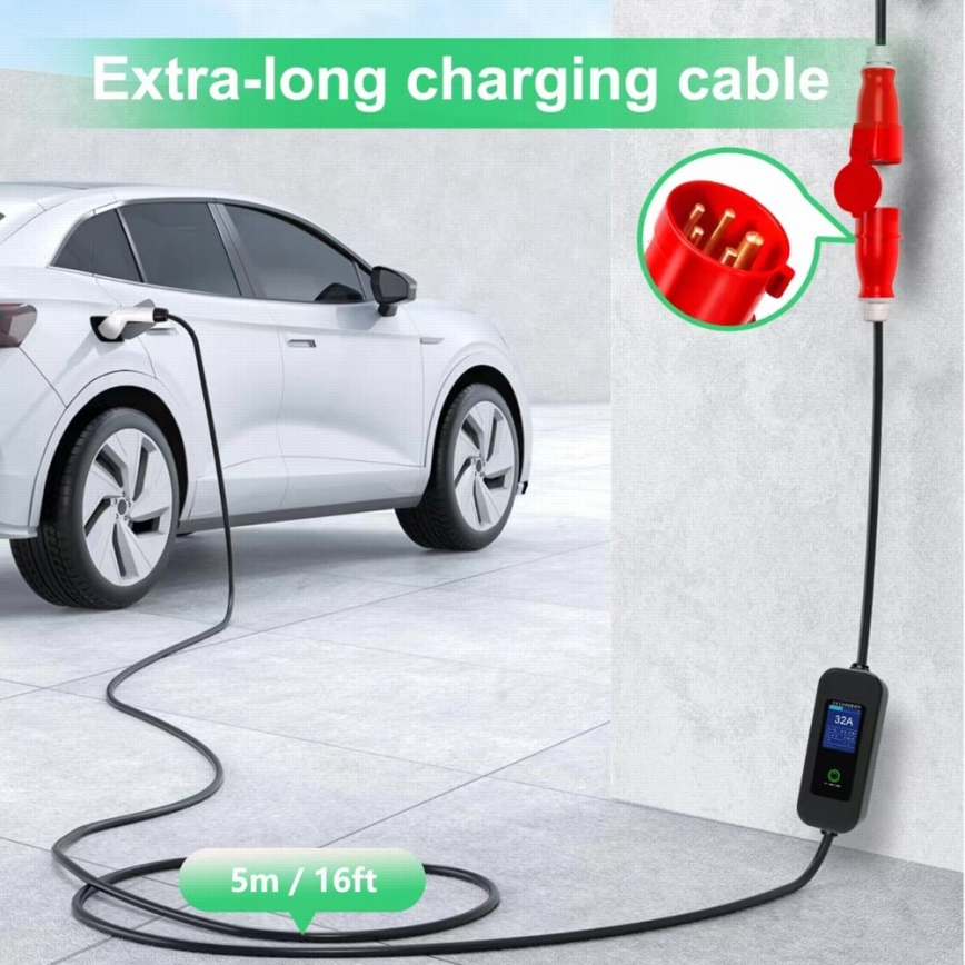 Immax - Kelioninė elektromobilių įkrovimo stotelė elektromobiliams AC Type 2 32A/380V 22kW + kištukas 230V 5m Wi-Fi Tuya