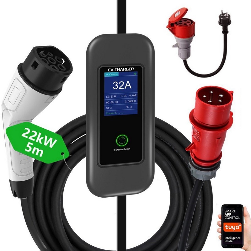 Immax - Kelioninė elektromobilių įkrovimo stotelė elektromobiliams AC Type 2 32A/380V 22kW + kištukas 230V 5m Wi-Fi Tuya