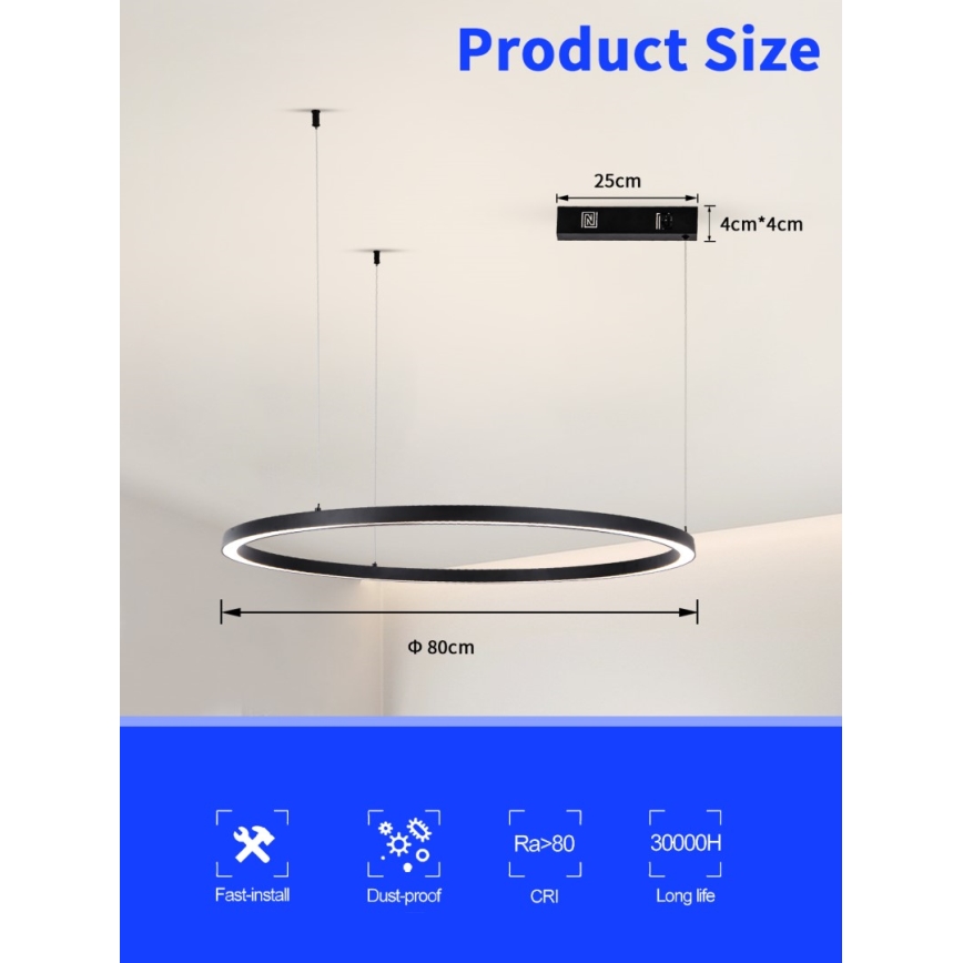 Immax NEO 07215L - LED Pritemdomas pakabinamas sietynas FINO LED/60W/230V 80 cm juoda Tuya + nuotolinio valdymo pultas