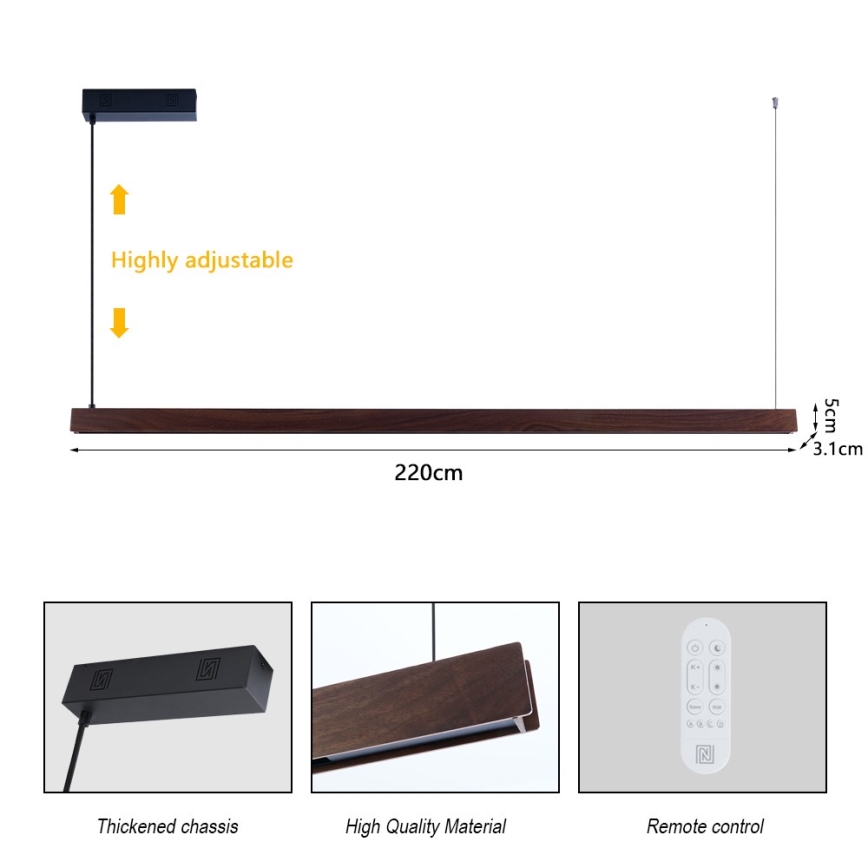 Immax NEO 07302L - dimeriuojamas LED pakabinamas šviestuvas ant laido MADEIRA LED/44W/230V Wi‑Fi Tuya 202 cm, riešutmedžio + nuotolinis valdymas