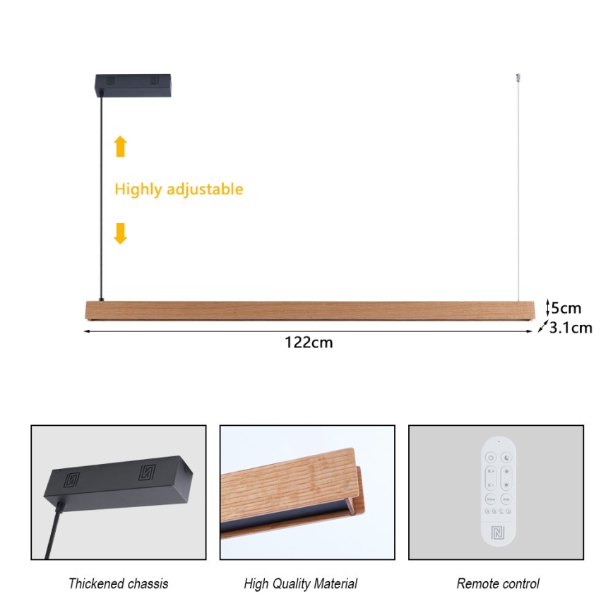 Immax NEO 07303L - reguliuojamas LED pakabinamas šviestuvas ant kabelio MADEIRA LED/26W/230V Wi‑Fi Tuya 122 cm ąžuolas + nuotolinis valdymas