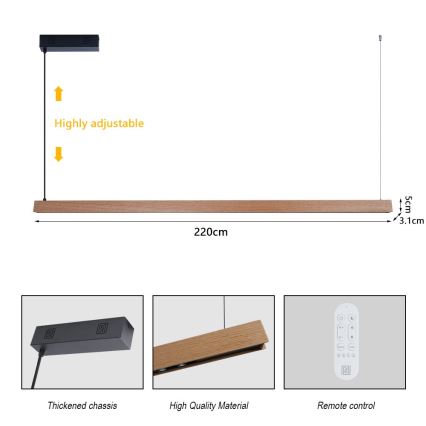 Immax NEO 07305L - dimeriuojama LED liustra ant troselio MADEIRA LED/44W/230V Wi-Fi Tuya 202 cm ąžuolas + nuotolinis valdymas
