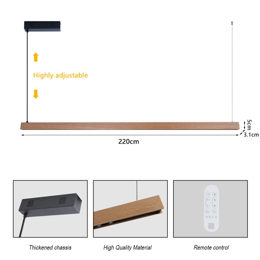 Immax NEO 07305L - dimeriuojama LED liustra ant troselio MADEIRA LED/44W/230V Wi-Fi Tuya 202 cm ąžuolas + nuotolinis valdymas