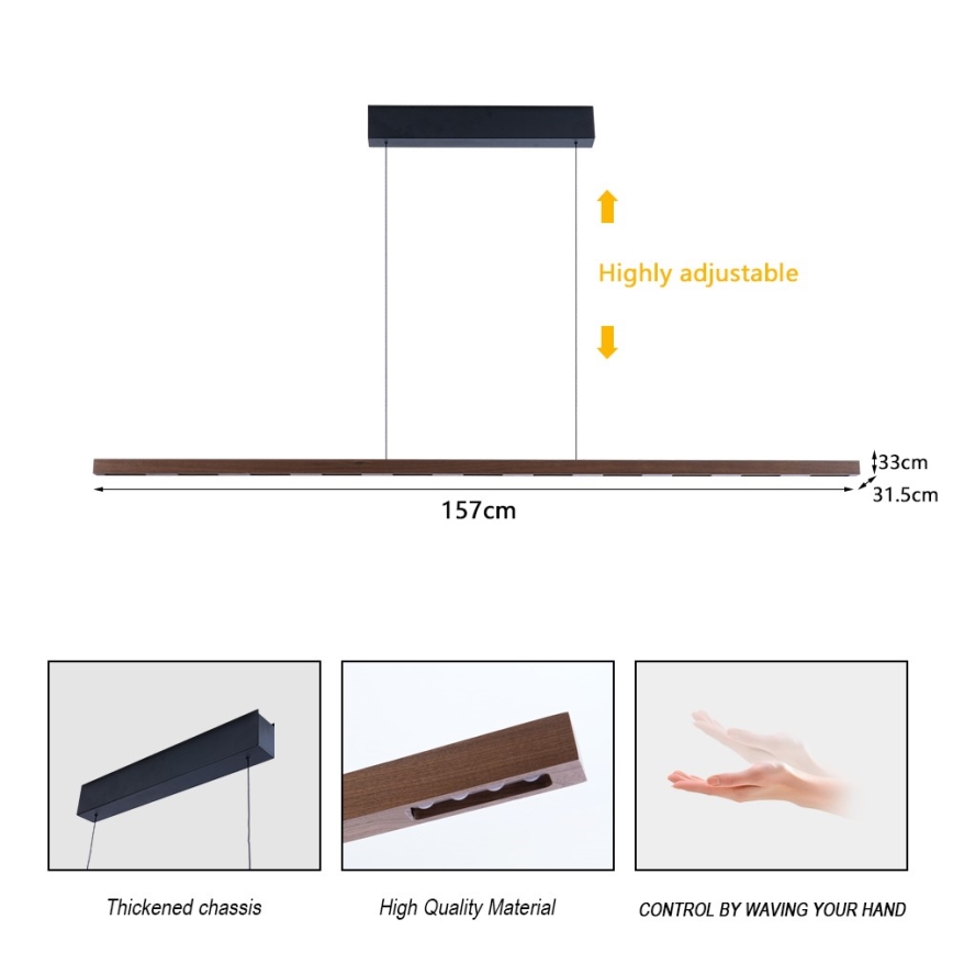 Immax NEO 07309L - dimuojamas LED pakabinamas šviestuvas ant troselio su jutikliu MADEIRA LED/37W/230V 157 cm riešutmedžio apdaila