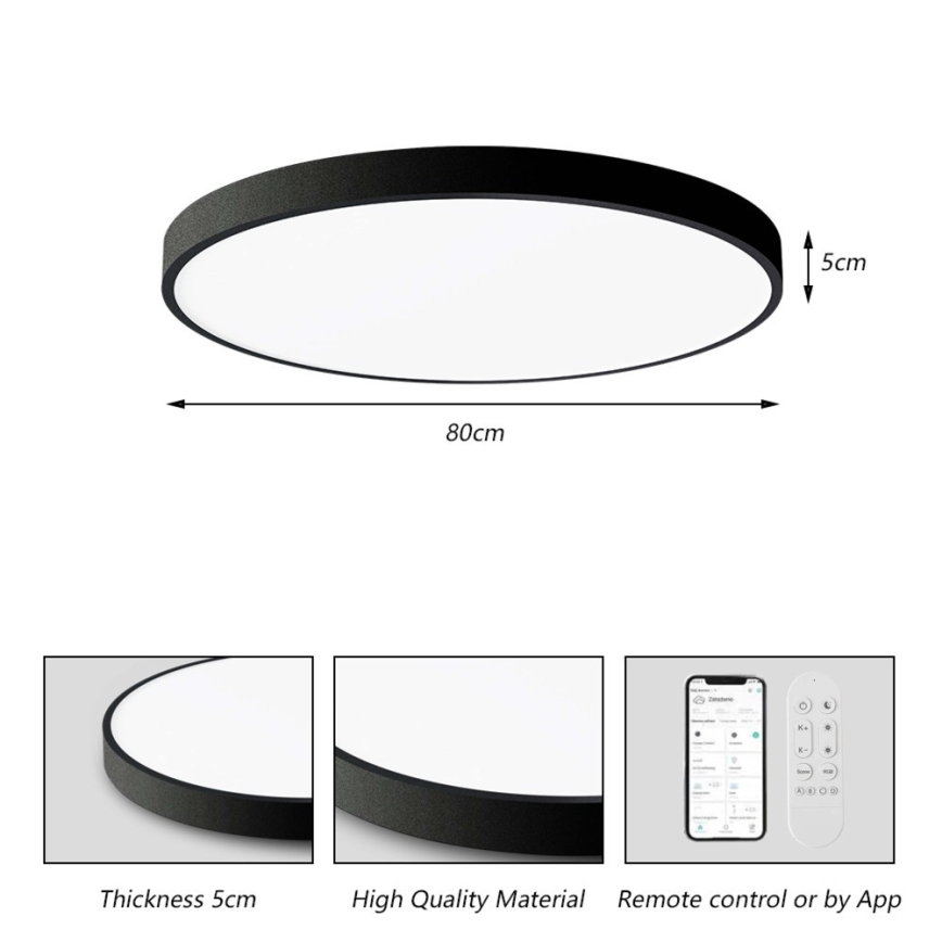 Immax NEO 07313L - Dimeriuojamas LED lubų šviestuvas SEMPLICI LED/96W/230V, skersmuo 80 cm, Wi‑Fi Tuya, juodas + su nuotoliniu pulteliu