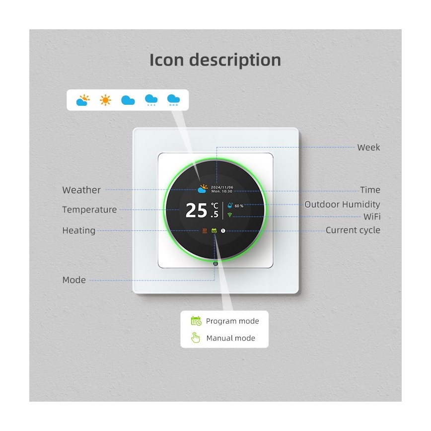 Immax NEO 07534L - SMART grindinio šildymo termostatas 230V/3A Wi-Fi Tuya