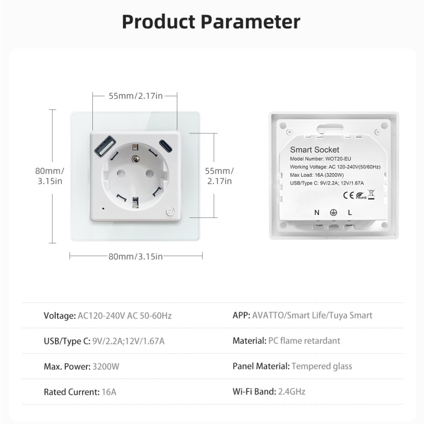 Immax NEO 07544L - Išmanioji E tipo rozetė 16 A / 230 V + 1x USB-A + 1x USB-C PD 20 W Wi-Fi