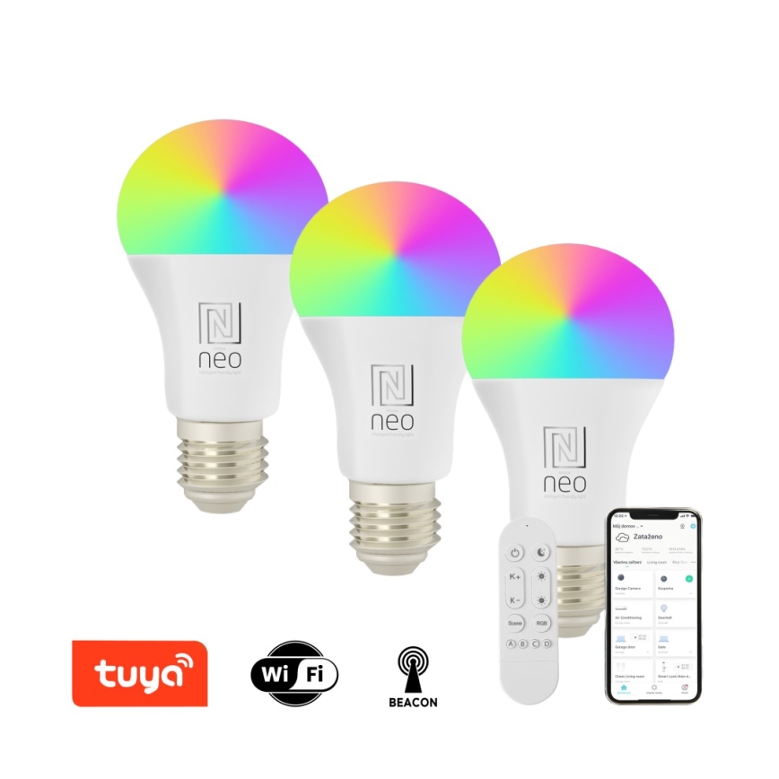 Immax NEO 07712CDO - KOMPLEKTAS 3x LED RGB+CCT Pritemdoma elektros lemputė E27/9W/230V Wi-Fi Tuya + nuotolinio valdymo pultas