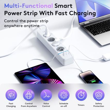 Immax NEO 07821L - Išmanusis NEO LITE prailgintojas su 4 AC lizdais, 1× USB ir 2× USB‑C, Wi‑Fi